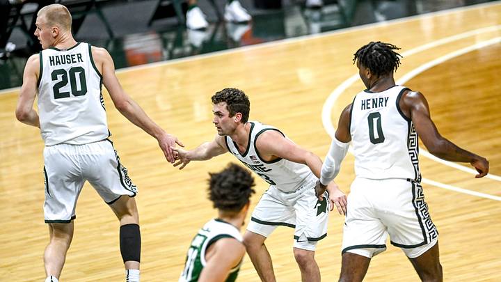 Michigan State's Foster Loyer, center, celebrates his 3-pointer with teammates Joey Hauser, left, and Aaron Henry during the second half of the game against Eastern Michigan on Wednesday, Nov. 25, 2020, at the Breslin Center in East Lansing.
201125 Msu Eastern 164a Michigan State's Foster Loyer, center, celebrates his 3-pointer with teammates Joey Hauser, left, and Aaron Henry during the second half of the game against Eastern Michigan on Wednesday, Nov. 25, 2020, at the Breslin Center in East Lansing.
201125 Msu Eastern 164a