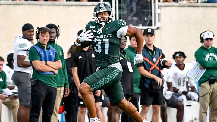 Michigan State’s Jayden Savoury runs after a catch against Eastern Michigan during the fourth quarter on Saturday, Sept. 12, 2026, at Spartan Stadium in East Lansing. Michigan State’s Jayden Savoury runs after a catch against Eastern Michigan during the fourth quarter on Saturday, Sept. 12, 2026, at Spartan Stadium in East Lansing.