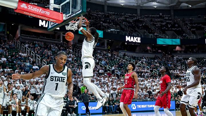Michigan State’s Ethan Taylor, center, dunks after a Jeremy Fears Jr. assist against Incarnate Word during the second half on Friday, Oct. 2, 2026, at the Breslin Center in East Lansing. Michigan State’s Ethan Taylor, center, dunks after a Jeremy Fears Jr. assist against Incarnate Word during the second half on Friday, Oct. 2, 2026, at the Breslin Center in East Lansing.