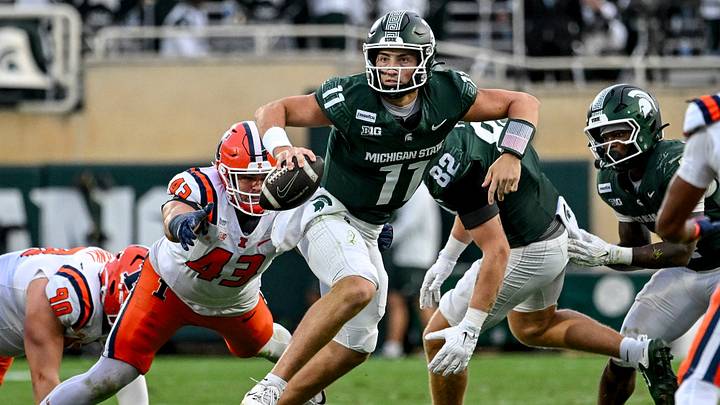 Michigan State’s Alessio Milivojevic scrambles on a play against Illinois during the fourth quarter on Saturday, Oct. 10, 2026, at Spartan Stadium in East Lansing. Michigan State’s Alessio Milivojevic scrambles on a play against Illinois during the fourth quarter on Saturday, Oct. 10, 2026, at Spartan Stadium in East Lansing.