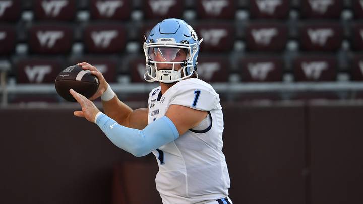 Sep 13, 2025; Blacksburg, Virginia, USA;  Old Dominion Monarchs quarterback Colton Joseph (1) warms up before the game at Lane Stadium. Mandatory Credit: Brian Bishop-Imagn Images