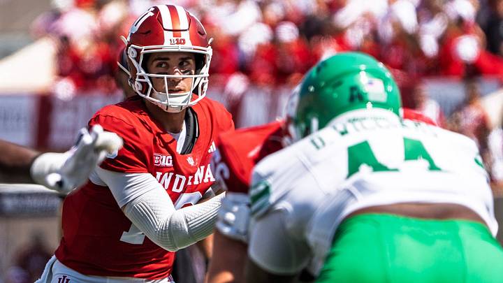 Indiana's Josh Hoover (10) during the Indiana versus North Texas football game at Memorial Stadium on Saturday, Sept. 5, 2026. Indiana's Josh Hoover (10) during the Indiana versus North Texas football game at Memorial Stadium on Saturday, Sept. 5, 2026.