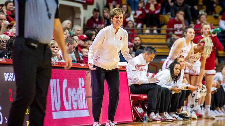 Indiana Head Coach Teri Moren questions a call during the first half of the Indiana versus Bowling Green women's basketball game at Simon Skjodt Assembly Hall on Friday, December 22, 2023.