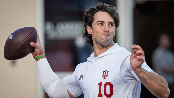 Indiana's Josh Hoover (10) before the Indiana versus Northwestern football game at Memorial Stadium on Friday, Sept. 25, 2026.
