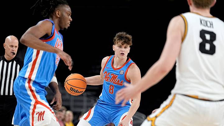 Mississippi guard Eduardo Klafke (8) looks to pass against Iowa at Acrisure Arena in Palm Desert, Calif., on Nov. 25, 2025.