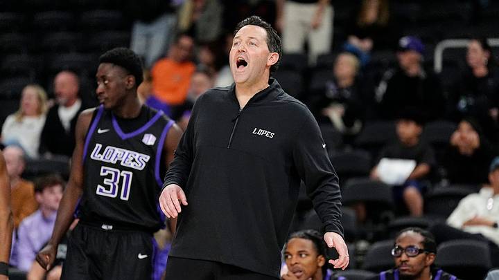 Grand Canyon head coach Bryce Drew yells from the sidelines during a Acrisure Series championship basketball game against Iowa at Acrisure Arena in Palm Desert, Calif., on Nov. 26, 2025.