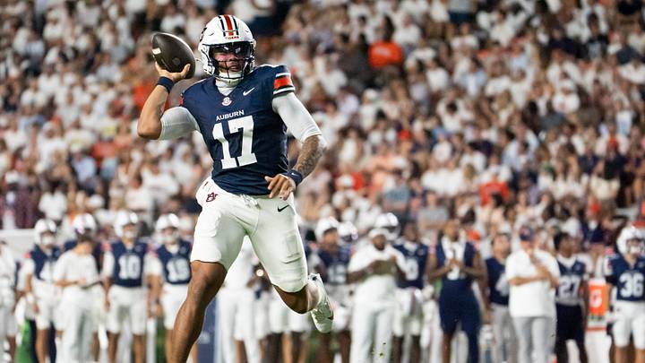 Auburn Tigers quarterback Byrum Brown (17) throws the ball as Auburn Tigers take on Southern Miss Golden Eagles at Jordan-Hare Stadium in Auburn, Ala. on Saturday, Sept. 12, 2026. Auburn Tigers lead Southern Miss Golden Eagles 27-8 at halftime.