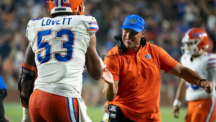 Florida Gators head coach Jon Sumrall celebrates a touchdown with his team as Auburn Tigers take on Florida Gators at Jordan-Hare Stadium in Auburn, Ala. on Saturday, Sept. 19, 2026. Florida Gators defeated Auburn Tigers 44-39.