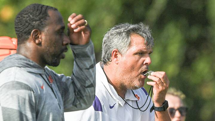 Clemson offensive line coach Matt Luke during August practice in Clemson, S.C. Friday August 2, 2024.