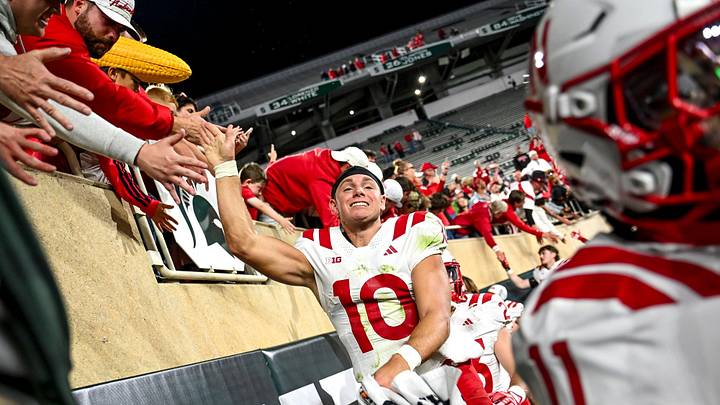 Nebraska’s quarterback Anthony Colandrea celebrates with fans after the Cornhuskers beat Michigan State on Saturday. Nebraska’s quarterback Anthony Colandrea celebrates with fans after the Cornhuskers beat Michigan State on Saturday.