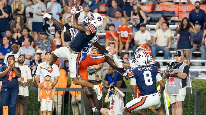 Auburn Tigers wide receiver Chas Nimrod (5) catches a hailmary pass for Auburn’s final touchdown as Auburn Tigers take on Florida Gators at Jordan-Hare Stadium in Auburn, Ala. on Saturday, Sept. 19, 2026. Florida Gators defeated Auburn Tigers 44-39. Auburn Tigers wide receiver Chas Nimrod (5) catches a hailmary pass for Auburn’s final touchdown as Auburn Tigers take on Florida Gators at Jordan-Hare Stadium in Auburn, Ala. on Saturday, Sept. 19, 2026. Florida Gators defeated Auburn Tigers 44-39.
