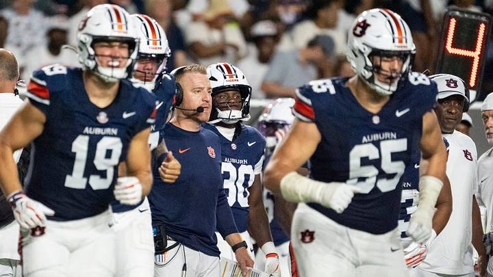 Auburn Tigers head coach Alex Golesh breaks huddle with his team as Auburn Tigers take on Southern Miss Golden Eagles at Jordan-Hare Stadium in Auburn, Ala. on Saturday, Sept. 12, 2026. Auburn Tigers lead Southern Miss Golden Eagles 27-8 at halftime.