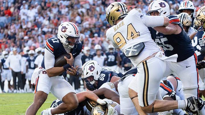 Auburn Tigers quarterback Byrum Brown (17) runs in for a touchdown as Auburn Tigers take on Vanderbilt Commodores at Jordan-Hare Stadium in Auburn, Ala. on Saturday, Sept. 26, 2026. Auburn Tigers defeated Vanderbilt Commodores 21-15.
