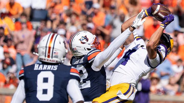 LSU Tigers wide receiver Jackson Harris (4) catches a pass as Auburn Tigers take on LSU Tigers at Jordan-Hare Stadium in Auburn, Ala. on Saturday, Oct. 24, 2026. LSU Tigers defeated Auburn Tigers 38-17. LSU Tigers wide receiver Jackson Harris (4) catches a pass as Auburn Tigers take on LSU Tigers at Jordan-Hare Stadium in Auburn, Ala. on Saturday, Oct. 24, 2026. LSU Tigers defeated Auburn Tigers 38-17.