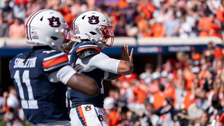 Auburn Tigers quarterback Byrum Brown (17) celebrates his touchdown run as Auburn Tigers take on LSU Tigers at Jordan-Hare Stadium in Auburn, Ala. on Saturday, Oct. 24, 2026. LSU Tigers lead Auburn Tigers 31-10 at halftime. Auburn Tigers quarterback Byrum Brown (17) celebrates his touchdown run as Auburn Tigers take on LSU Tigers at Jordan-Hare Stadium in Auburn, Ala. on Saturday, Oct. 24, 2026. LSU Tigers lead Auburn Tigers 31-10 at halftime.