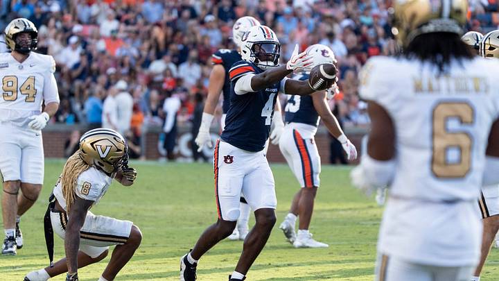 Auburn Tigers wide receiver Jeremiah Koger (4) celebrates a first down as Auburn Tigers take on Vanderbilt Commodores at Jordan-Hare Stadium in Auburn, Ala. on Saturday, Sept. 26, 2026. Auburn Tigers defeated Vanderbilt Commodores 21-15. Auburn Tigers wide receiver Jeremiah Koger (4) celebrates a first down as Auburn Tigers take on Vanderbilt Commodores at Jordan-Hare Stadium in Auburn, Ala. on Saturday, Sept. 26, 2026. Auburn Tigers defeated Vanderbilt Commodores 21-15.
