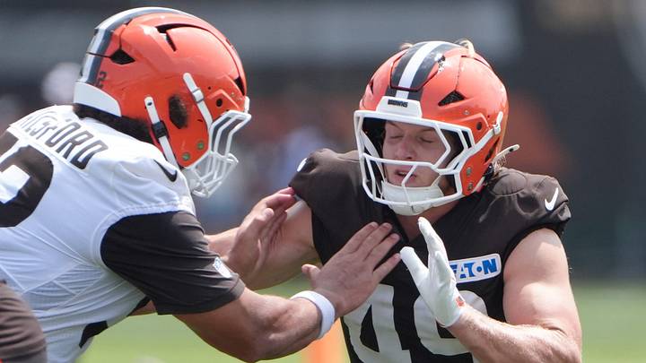 Browns center Parker Brailsford blocks linebacker Carson Schwesinger during training camp, July, 31, 2026, in Berea. Browns center Parker Brailsford blocks linebacker Carson Schwesinger during training camp, July, 31, 2026, in Berea.