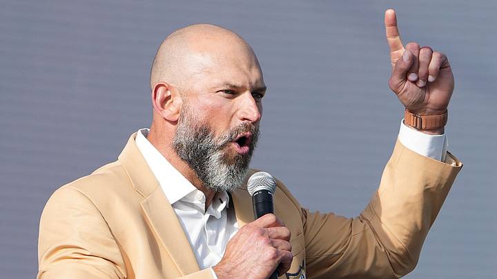 Cleveland Browns legend and NFL Hall of Fame Joe Thomas fires up the audience at the Cleveland Browns groundbreaking ceremony for the new Huntington Bank Field in Brook Park, Ohio on April 30, 2026. Cleveland Browns legend and NFL Hall of Fame Joe Thomas fires up the audience at the Cleveland Browns groundbreaking ceremony for the new Huntington Bank Field in Brook Park, Ohio on April 30, 2026.