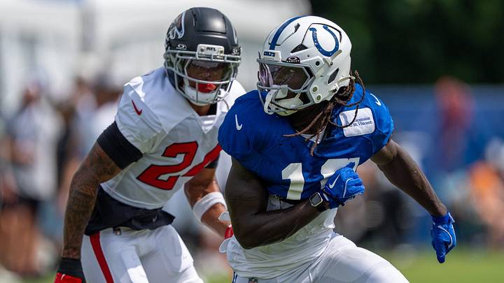 Indianapolis Colts wide receiver Ashton Dulin (16) works his way open during a drill Wednesday, Aug. 19, 2026, during a joint practice with the Atlanta Falcons at Grand Park in Westfield. Indianapolis Colts wide receiver Ashton Dulin (16) works his way open during a drill Wednesday, Aug. 19, 2026, during a joint practice with the Atlanta Falcons at Grand Park in Westfield.