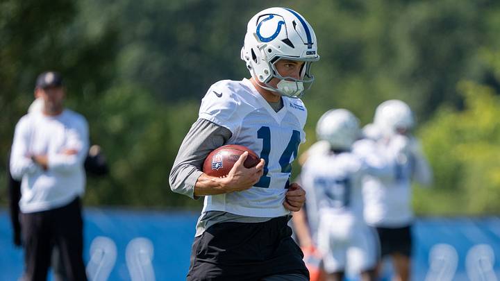 Indianapolis Colts wide receiver Alec Pierce (14) runs downfield after a catch Thursday, Aug. 27, 2026, during practice at Indiana Farm Bureau Football Center. Indianapolis Colts wide receiver Alec Pierce (14) runs downfield after a catch Thursday, Aug. 27, 2026, during practice at Indiana Farm Bureau Football Center.