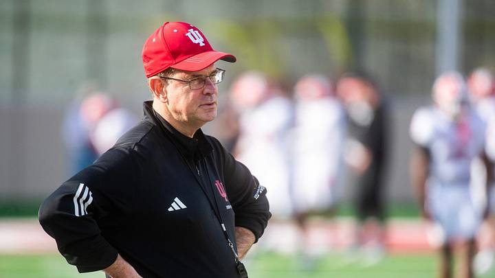 Indiana Head Coach Curt Cignetti watches the quarterbacks during spring practice at Memorial Stadium on Tuesday, March 31, 2026.