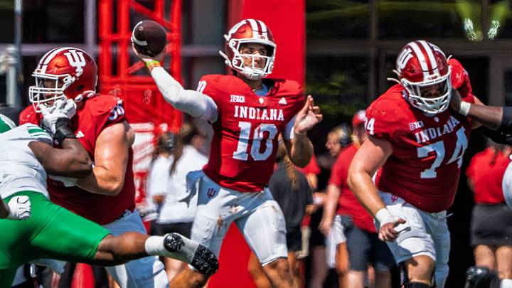 Indiana's Josh Hoover (10) passes during the Indiana versus North Texas football game at Memorial Stadium on Saturday, Sept. 5, 2026. Indiana's Josh Hoover (10) passes during the Indiana versus North Texas football game at Memorial Stadium on Saturday, Sept. 5, 2026.