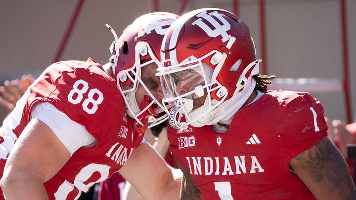 Indiana's Turbo Richard (1) celebrates a touchdown with Brock Schott (88) during the Indiana versus Ohio State football game at Memorial Stadium on Saturday, Oct. 17, 2026. Indiana's Turbo Richard (1) celebrates a touchdown with Brock Schott (88) during the Indiana versus Ohio State football game at Memorial Stadium on Saturday, Oct. 17, 2026.