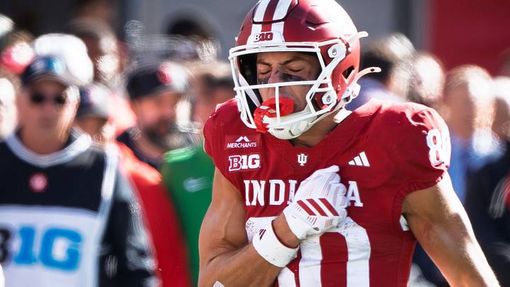 Indiana's Charlie Becker (80) celebrates a catch during the Indiana versus Ohio State football game at Memorial Stadium on Saturday, Oct. 17, 2026. Indiana's Charlie Becker (80) celebrates a catch during the Indiana versus Ohio State football game at Memorial Stadium on Saturday, Oct. 17, 2026.