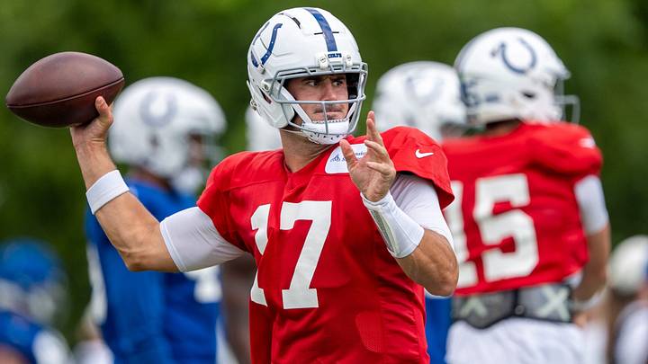 Indianapolis Colts quarterback Daniel Jones (17) passes the ball Wednesday, Aug. 19, 2026, during a joint practice with the Atlanta Falcons at Grand Park in Westfield.
