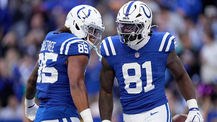 Indianapolis Colts tight end Drew Ogletree (85) celebrates a touchdown Sunday, Oct. 18, 2026, by fellow tight end Mo Alie-Cox (81) during the game against the Tennessee Titans at Lucas Oil Stadium in Indianapolis. Indianapolis Colts tight end Drew Ogletree (85) celebrates a touchdown Sunday, Oct. 18, 2026, by fellow tight end Mo Alie-Cox (81) during the game against the Tennessee Titans at Lucas Oil Stadium in Indianapolis.