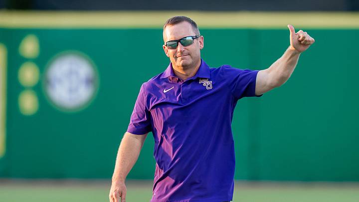 Coach Jay Johnson walks onto the field as the Tiger fans welcome the LSU Tigers Baseball team home at Alex Box Stadium. Wednesday, June 28, 2023. Coach Jay Johnson walks onto the field as the Tiger fans welcome the LSU Tigers Baseball team home at Alex Box Stadium. Wednesday, June 28, 2023.