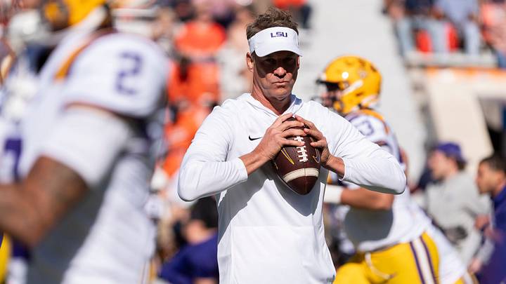 LSU Tigers head coach Lane Kiffin during warm ups before Auburn Tigers take on LSU Tigers at Jordan-Hare Stadium in Auburn, Ala. on Saturday, Oct. 24, 2026.