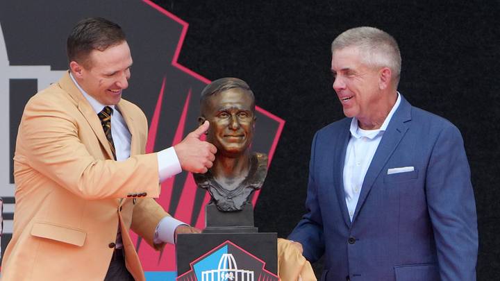 Drew Brees quarterback New Orleans Saints looks at his bust with former Sean Payton Saints Coach at the 2026 Pro Football Hall of Fame Enshrinement in Canton on August 8, 2026. Drew Brees quarterback New Orleans Saints looks at his bust with former Sean Payton Saints Coach at the 2026 Pro Football Hall of Fame Enshrinement in Canton on August 8, 2026.