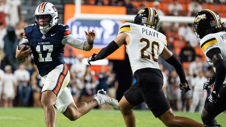 Auburn Tigers quarterback Byrum Brown (17) runs the ball as Auburn Tigers take on Southern Miss Golden Eagles at Jordan-Hare Stadium in Auburn, Ala. on Saturday, Sept. 12, 2026. Auburn Tigers defeated Southern Miss Golden Eagles 43-8. Auburn Tigers quarterback Byrum Brown (17) runs the ball as Auburn Tigers take on Southern Miss Golden Eagles at Jordan-Hare Stadium in Auburn, Ala. on Saturday, Sept. 12, 2026. Auburn Tigers defeated Southern Miss Golden Eagles 43-8.