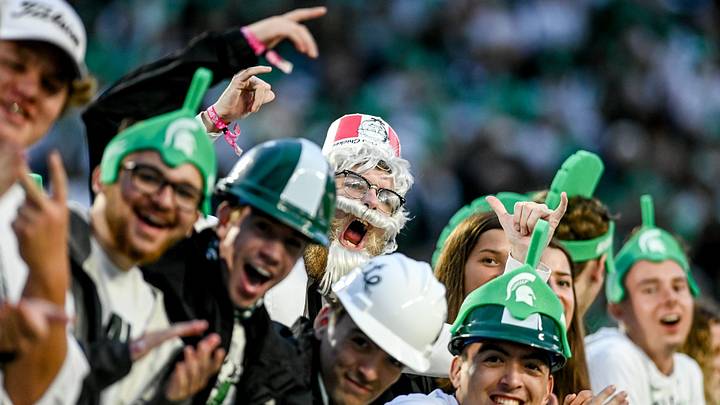 Michigan State Colonel Sanders cheers with other Spartans fans before MSU's football game against Western Kentucky on Saturday, Oct. 2, 2021, at Spartan Stadium in East Lansing.

211002 Msu Wku Fb 020a