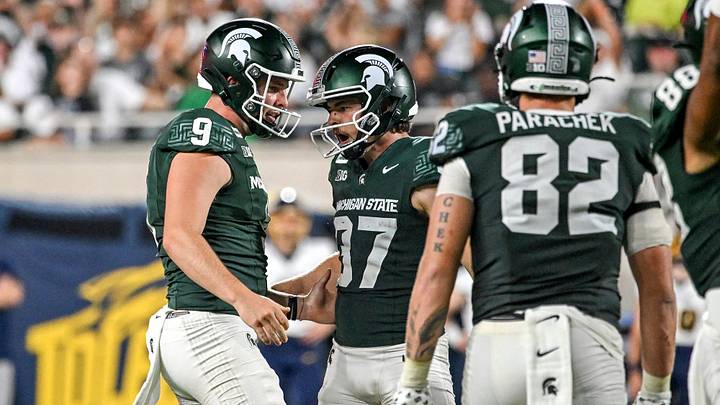 Michigan State’s Liam Boyd, center, celebrates with Rhys Dakin, left, after Boyd made a field goal against Toledo during the fourth quarter on Friday, Sept. 4, 2026, at Spartan Stadium in East Lansing. Michigan State’s Liam Boyd, center, celebrates with Rhys Dakin, left, after Boyd made a field goal against Toledo during the fourth quarter on Friday, Sept. 4, 2026, at Spartan Stadium in East Lansing.