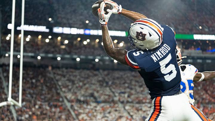 Auburn Tigers wide receiver Chas Nimrod (5) catches a pass but lands out of bounds as Auburn Tigers take on Florida Gators at Jordan-Hare Stadium in Auburn, Ala. on Saturday, Sept. 19, 2026. Florida Gators defeated Auburn Tigers 44-39. Auburn Tigers wide receiver Chas Nimrod (5) catches a pass but lands out of bounds as Auburn Tigers take on Florida Gators at Jordan-Hare Stadium in Auburn, Ala. on Saturday, Sept. 19, 2026. Florida Gators defeated Auburn Tigers 44-39.
