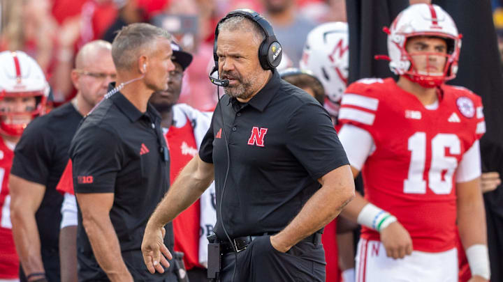 Nebraska coach Matt Rhule patrols the sideline against Michigan.
