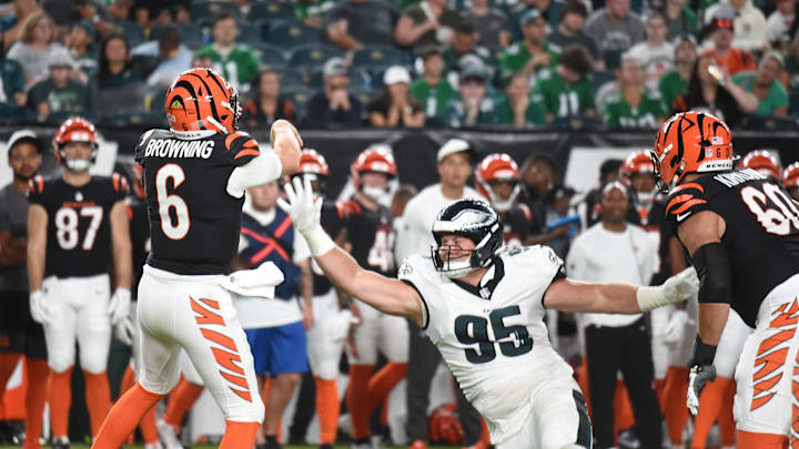 Eagles rookie Ty Robinson pressures Bengals' quarterback Jake Browning during Philadelphia's 34-27 win in the preseason opener. Eagles rookie Ty Robinson pressures Bengals' quarterback Jake Browning during Philadelphia's 34-27 win in the preseason opener.