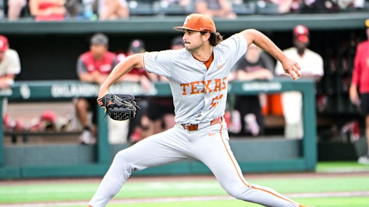 Texas Longhorns pitcher Luke Harrison delivers a pitch against the Oklahoma Sooners. Texas Longhorns pitcher Luke Harrison delivers a pitch against the Oklahoma Sooners.