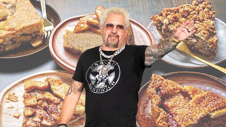 Guy Fieri in front of a backdrop of pies Guy Fieri in front of a backdrop of pies
