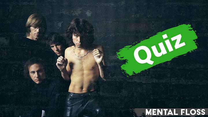 Jim Morrison and The Doors against black background and label reading "quiz" Jim Morrison and The Doors against black background and label reading "quiz"