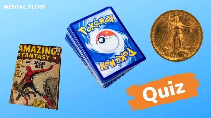 Spider-Man, Pokemon card, gold coin, "quiz" label Spider-Man, Pokemon card, gold coin, "quiz" label