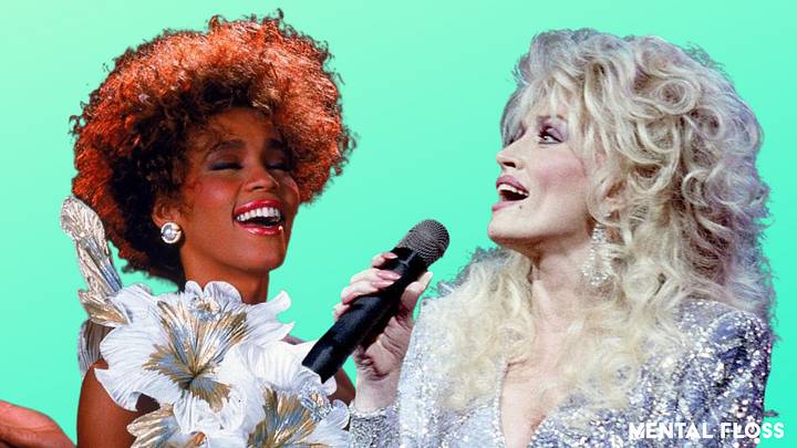 Whitney Houston and Dolly Parton on light green background