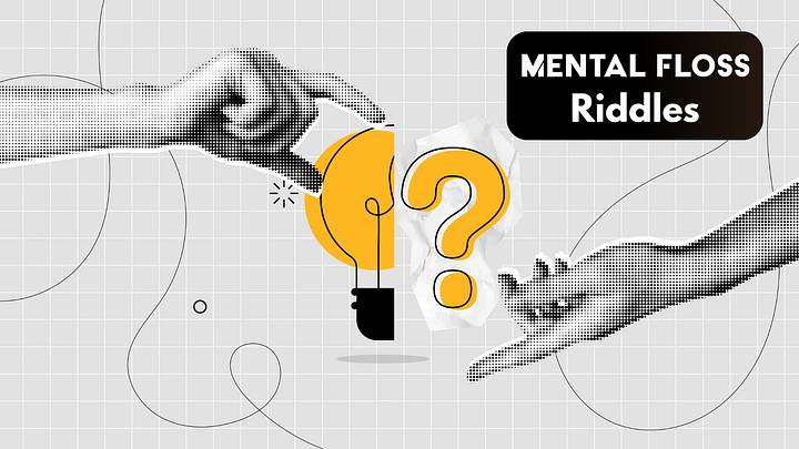 Hands touching lightbulb with label "Mental Floss Riddles"