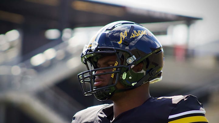 March 16, 2024; Columbia, Missouri, USA; Missouri Tigers offensive lineman Cayden Green at the team's 'Black and Gold' spring scrimmage at Faurot Field. March 16, 2024; Columbia, Missouri, USA; Missouri Tigers offensive lineman Cayden Green at the team's 'Black and Gold' spring scrimmage at Faurot Field.