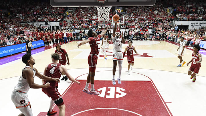 Auburn guard Denver Jones shoots the ball against Alabama in their No. 1 vs. No. 2 matchup in February. The top-ranked Tigers won, 94–85.