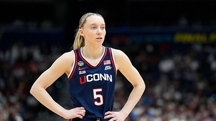 UConn Huskies guard Paige Bueckers plays in the first half of the national championship game against South Carolina.