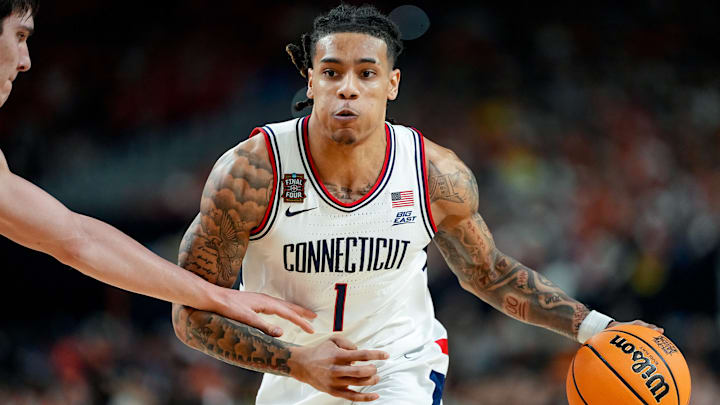 UConn guard Solo Ball dribbles the ball against Illinois in the men’s Final Four in Indianapolis. UConn guard Solo Ball dribbles the ball against Illinois in the men’s Final Four in Indianapolis.