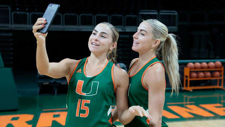 Hanna Cavinder (15) and Haley Cavinder with Miami’s women’s basketball team. Hanna Cavinder (15) and Haley Cavinder with Miami’s women’s basketball team.